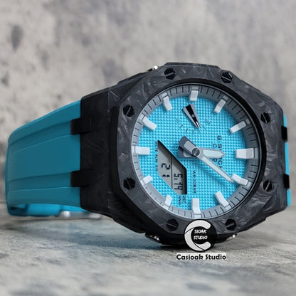 Casioak Mod Watch Carbon Fiber Offshore Superior Black Case Tiff Blue Strap Gray White Time Mark Tiff Blue Dial 44mm