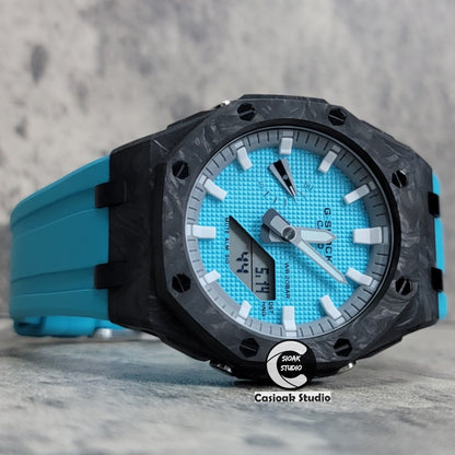 Casioak Mod Watch Carbon Fiber Offshore Superior Black Case Tiff Blue Strap Gray White Time Mark Tiff Blue Dial 44mm