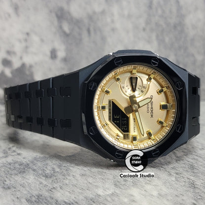 Casioak Mod Watch Polished Black Case Metal Strap Gold Time Mark Gold Dial 44mm