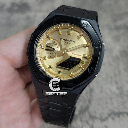 Casioak Mod Watch Polished Black Case Metal Strap Gold Time Mark Gold Dial 44mm