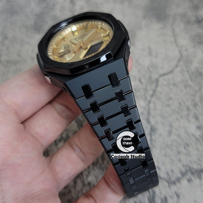 Casioak Mod Watch Polished Black Case Metal Strap Gold Time Mark Gold Dial 44mm