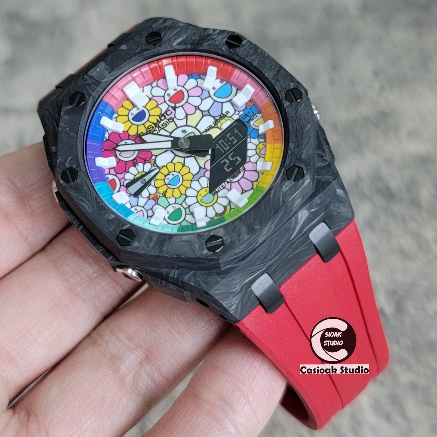 Casioak Mod Watch Carbon Fiber Offshore Superior Black Case Red Strap Blue Rainbow White Time Mark Takashi Murakami Dial 44mm