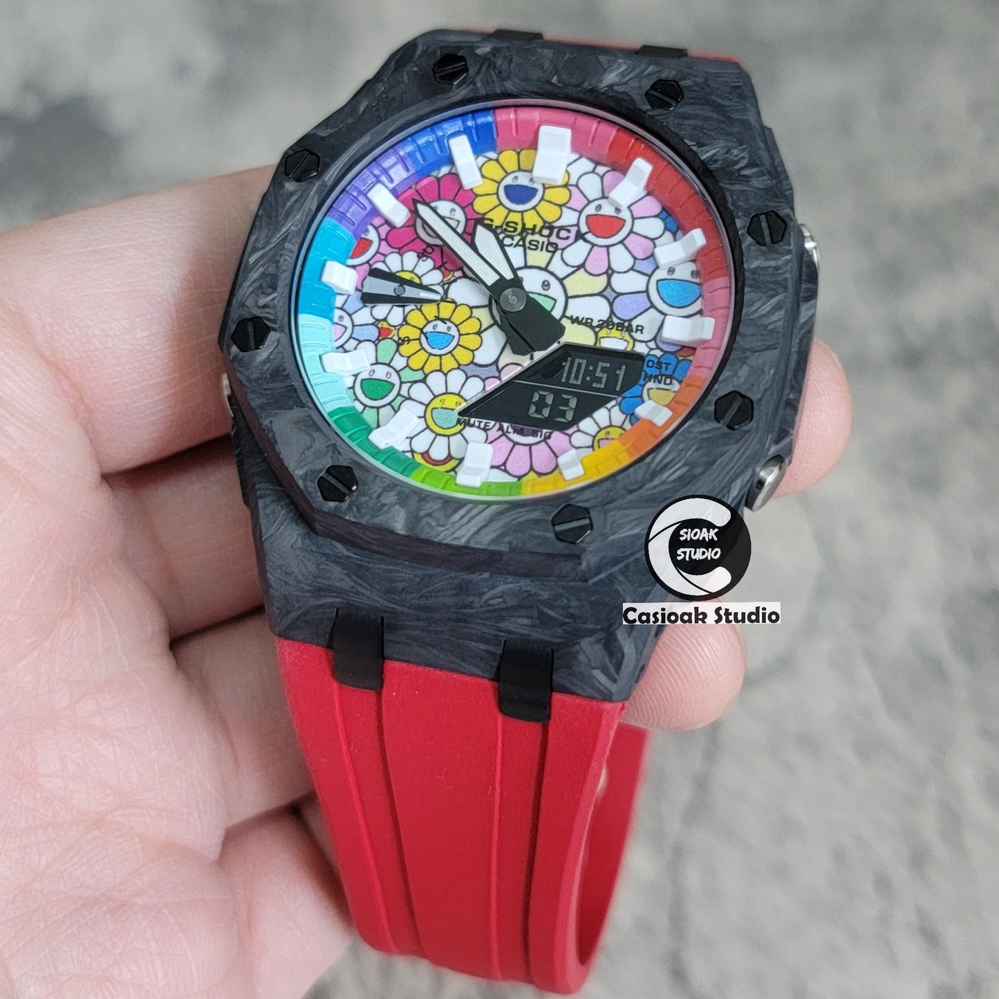 Casioak Mod Watch Carbon Fiber Offshore Superior Black Case Red Strap Blue Rainbow White Time Mark Takashi Murakami Dial 44mm