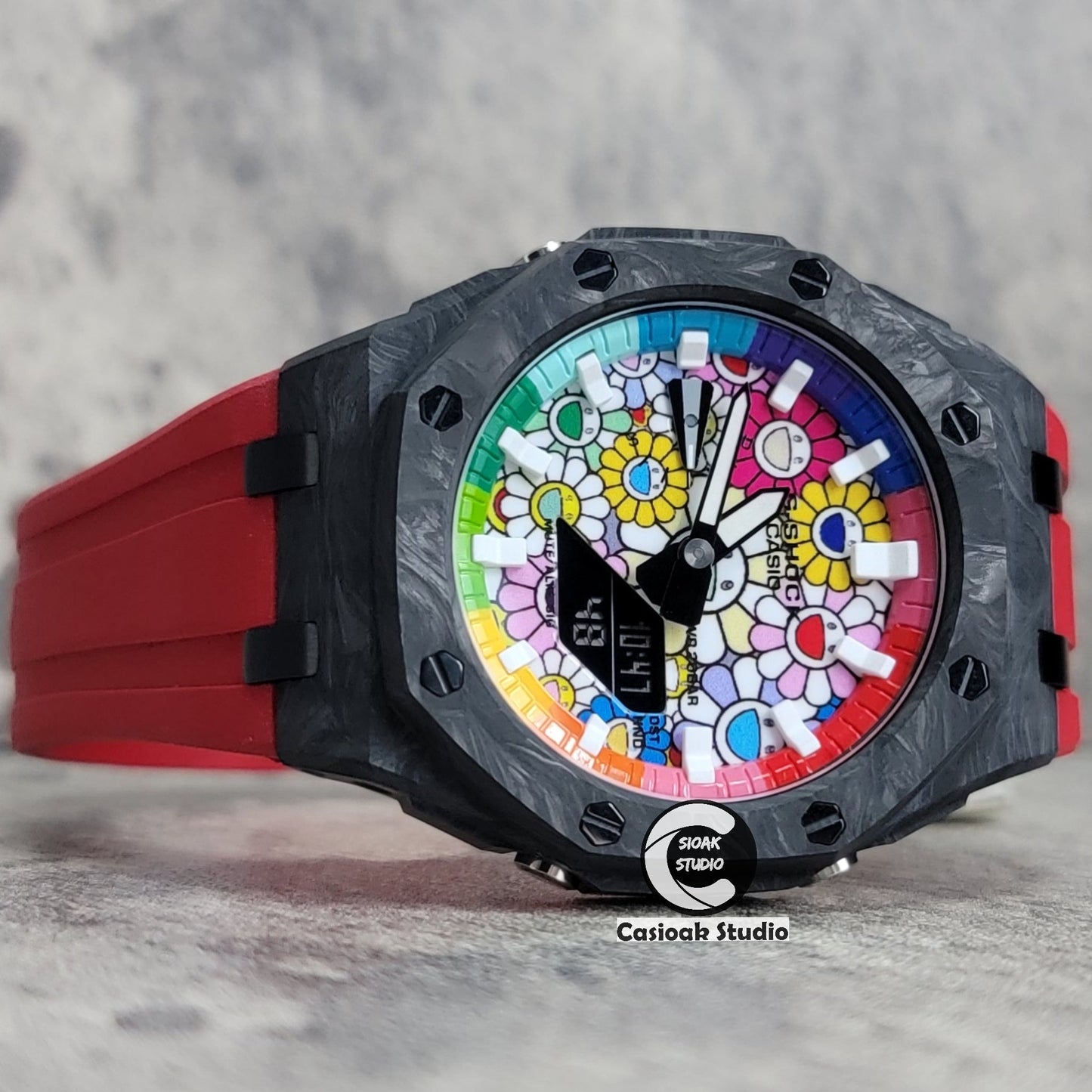 Casioak Mod Watch Carbon Fiber Offshore Superior Black Case Red Strap Blue Rainbow White Time Mark Takashi Murakami Dial 44mm