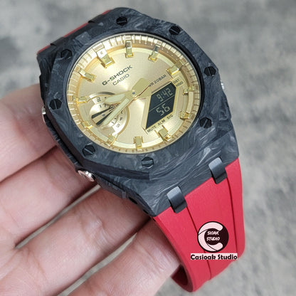 Casioak Mod Watch Carbon Fiber Superior Black Case Red Strap Gold Time Mark Gold Dial 44mm - Casioak Studio