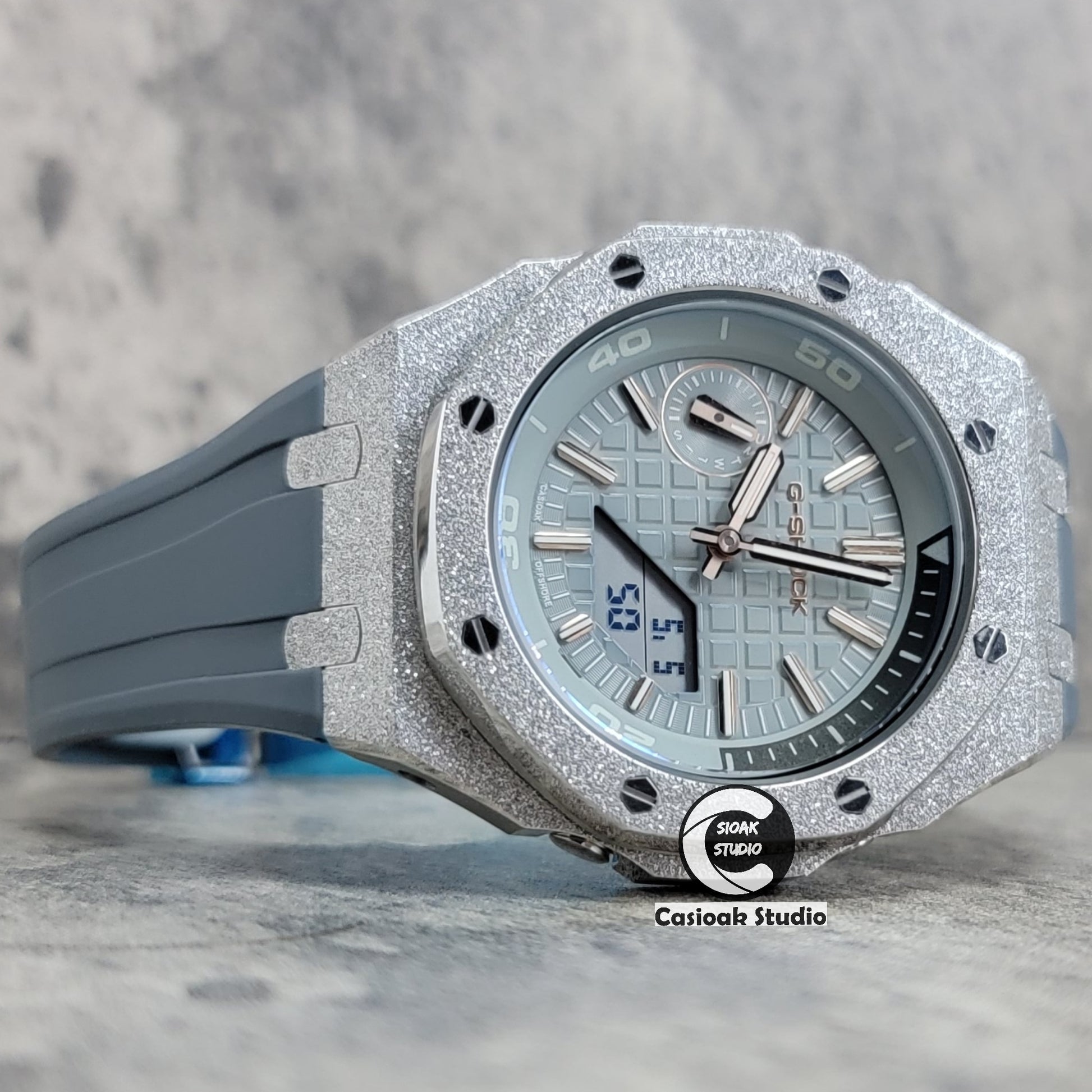 Casioak Mod Watch NEW Frosted Silver Case Gray Strap Gray Time Mark Gray Dial 44mm - Casioak Studio