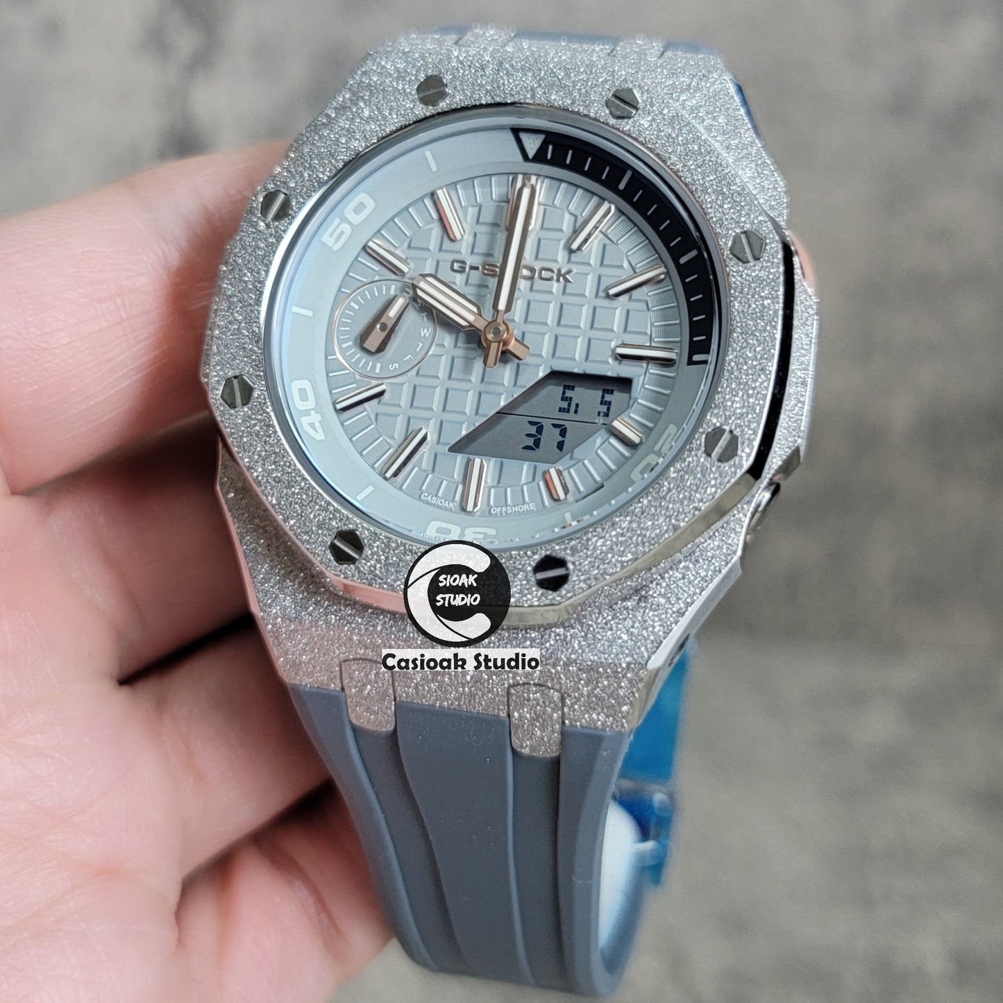 Casioak Mod Watch NEW Frosted Silver Case Gray Strap Gray Time Mark Gray Dial 44mm - Casioak Studio