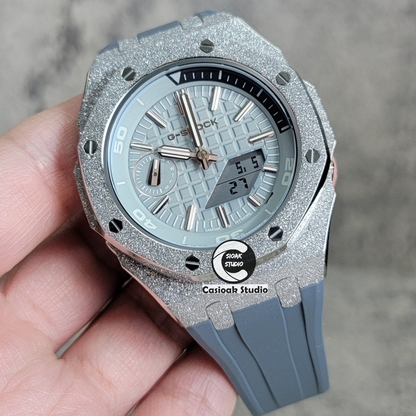 Casioak Mod Watch NEW Frosted Silver Case Gray Strap Gray Time Mark Gray Dial 44mm - Casioak Studio