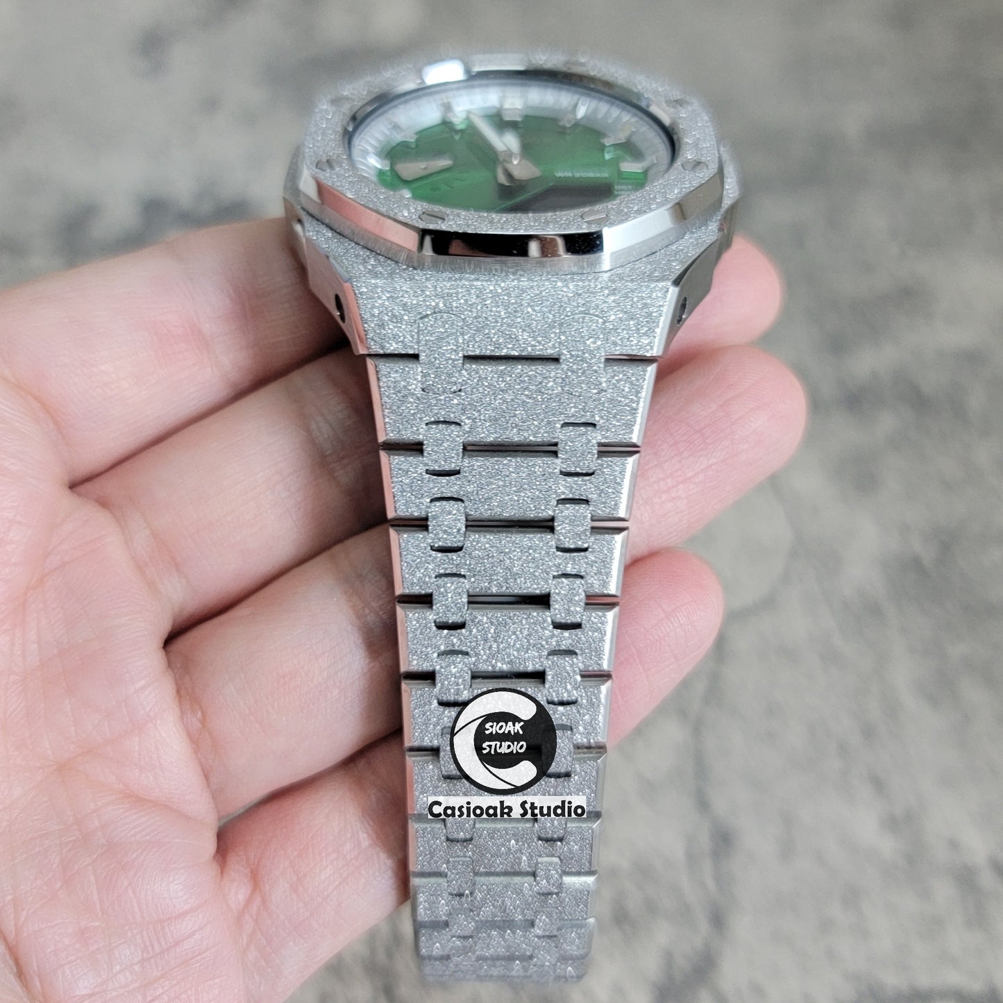 Casioak Mod Watch Frosted Silver Case Metal Strap Silver Time Mark Green Dial 44mm - Casioak Studio