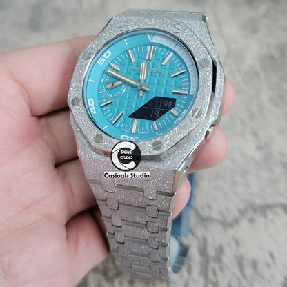 Casioak Mod Watch NEW Frosted Silver Case Metal Strap Tiff Silver Time Mark Tiff Blue Dial 44mm