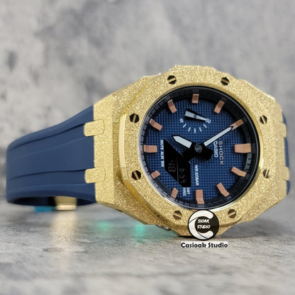 Casioak Mod Watch Gold Frosted Case Blue Strap Blue Rosegold Time Mark Blue Waffle Dial 44mm