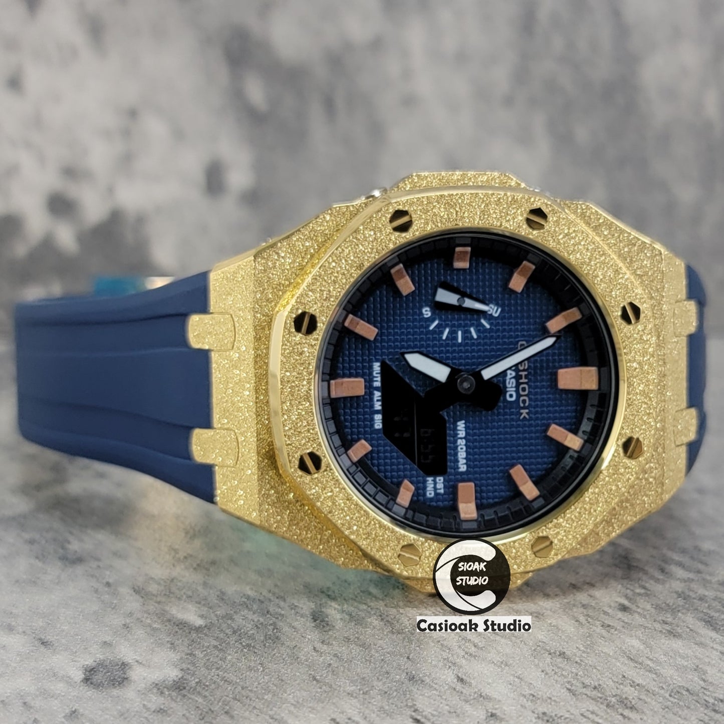 Casioak Mod Watch Gold Frosted Case Blue Strap Blue Rosegold Time Mark Blue Waffle Dial 44mm