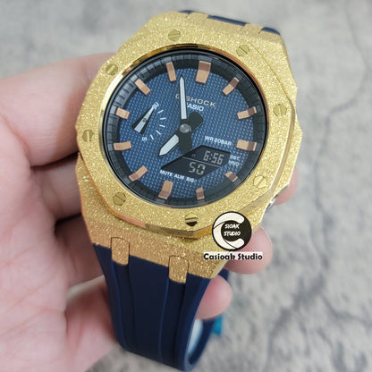 Casioak Mod Watch Gold Frosted Case Blue Strap Blue Rosegold Time Mark Blue Waffle Dial 44mm