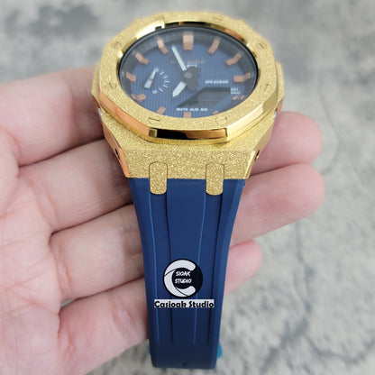 Casioak Mod Watch Gold Frosted Case Blue Strap Blue Rosegold Time Mark Blue Waffle Dial 44mm