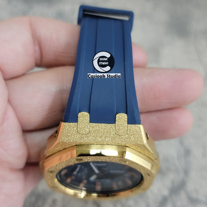 Casioak Mod Watch Gold Frosted Case Blue Strap Blue Rosegold Time Mark Blue Waffle Dial 44mm