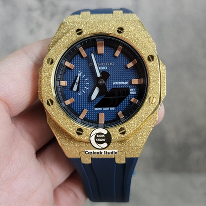 Casioak Mod Watch Gold Frosted Case Blue Strap Blue Rosegold Time Mark Blue Waffle Dial 44mm