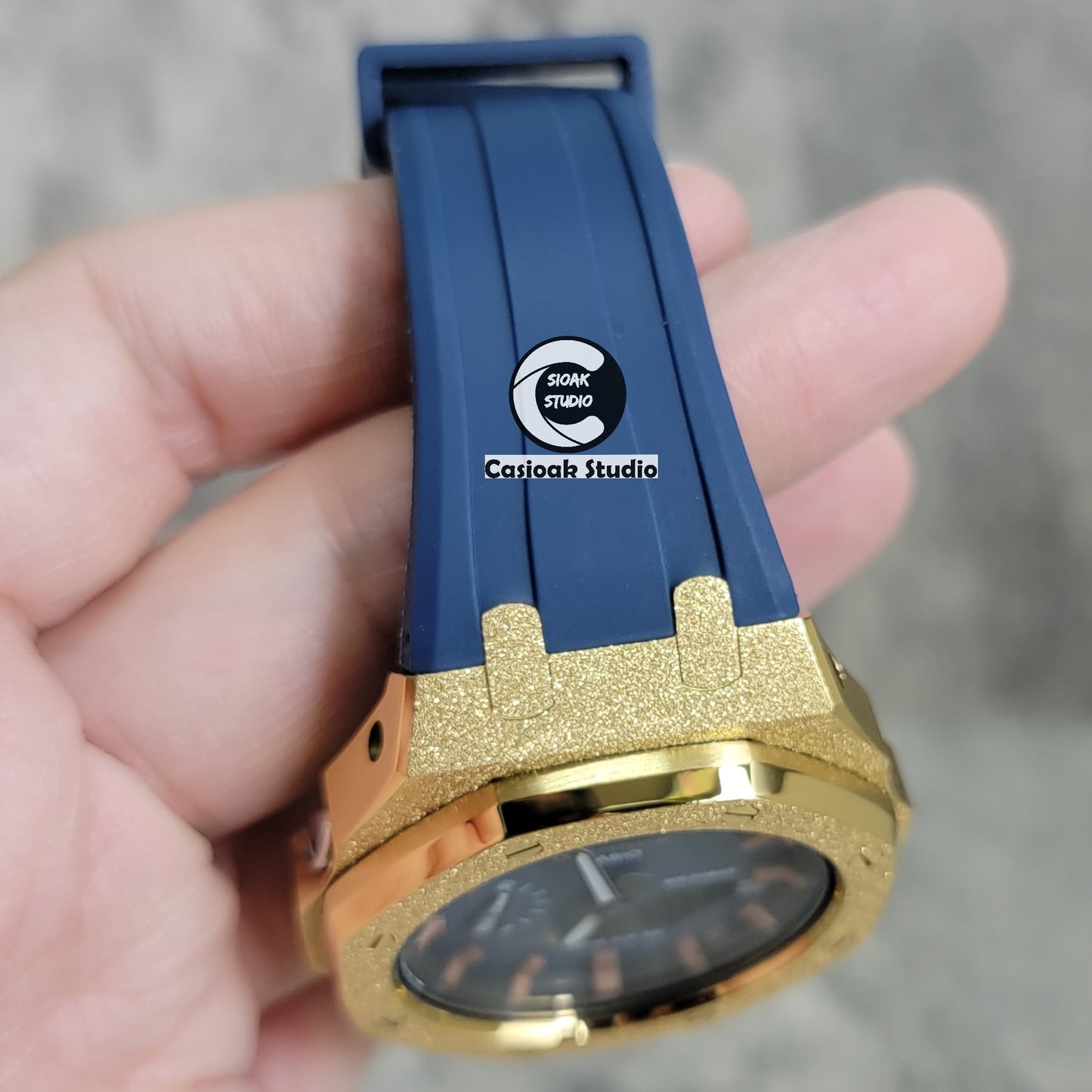 Casioak Mod Watch Gold Frosted Case Blue Strap Blue Rosegold Time Mark Blue Waffle Dial 44mm