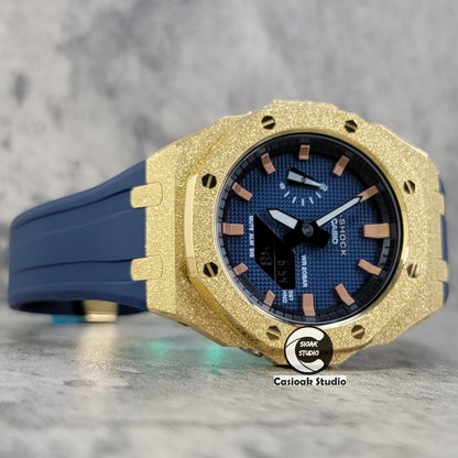 Casioak Mod Watch Gold Frosted Case Blue Strap Blue Rosegold Time Mark Blue Waffle Dial 44mm