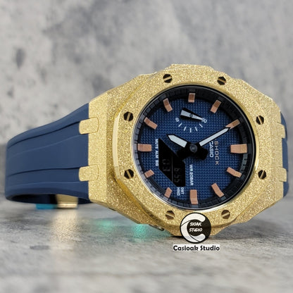 Casioak Mod Watch Gold Frosted Case Blue Strap Blue Rosegold Time Mark Blue Waffle Dial 44mm