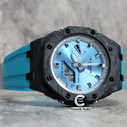 Casioak Mod Watch Carbon Fiber Offshore Superior Black Case Tiff Blue Strap Silver Time Mark Blue Dial 44mm