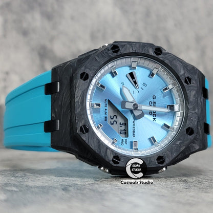 Casioak Mod Watch Carbon Fiber Offshore Superior Black Case Tiff Blue Strap Silver Time Mark Blue Dial 44mm