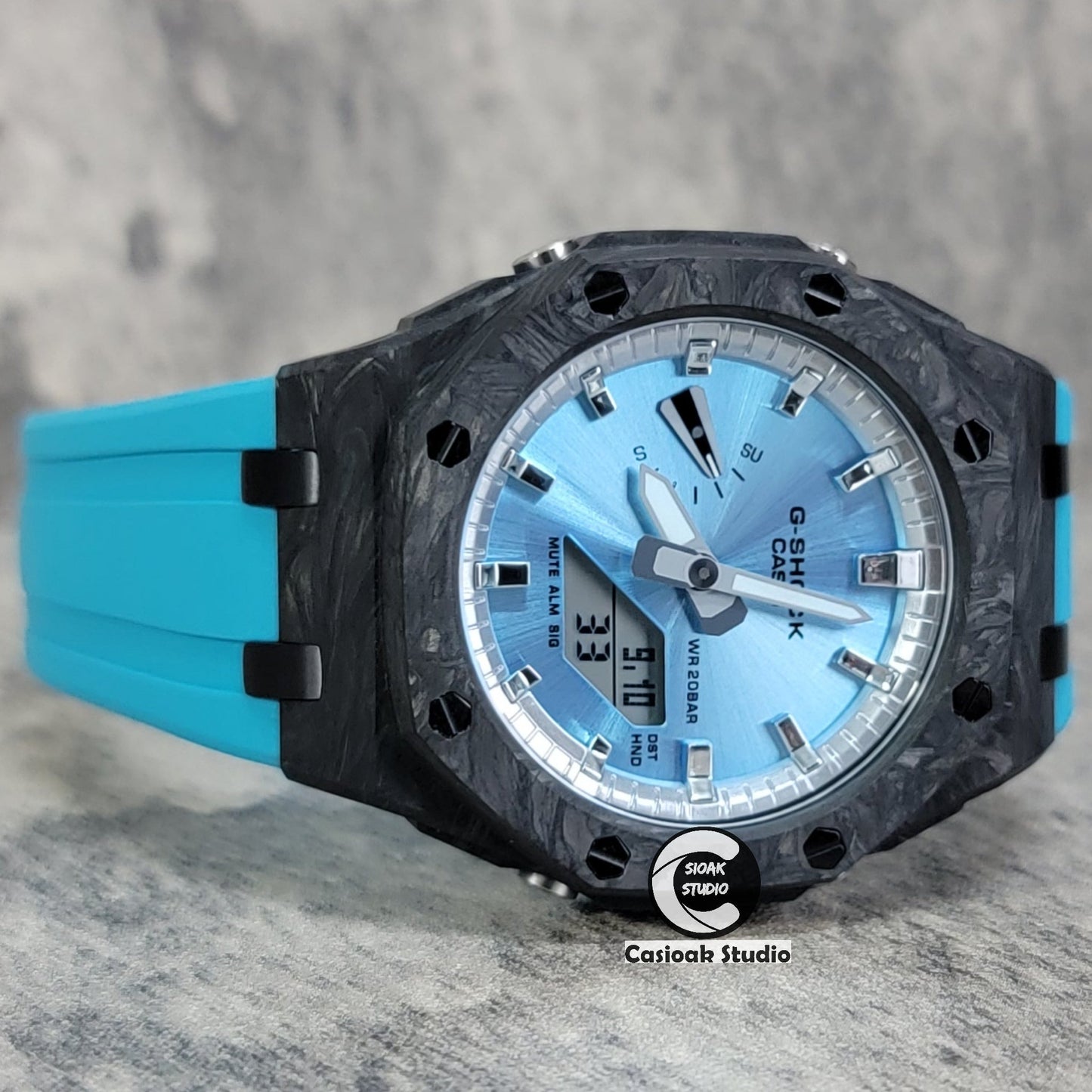 Casioak Mod Watch Carbon Fiber Offshore Superior Black Case Tiff Blue Strap Silver Time Mark Blue Dial 44mm