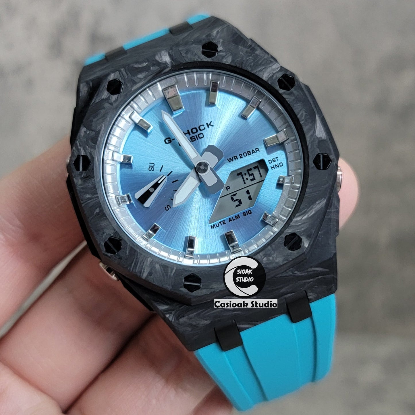 Casioak Mod Watch Carbon Fiber Offshore Superior Black Case Tiff Blue Strap Silver Time Mark Blue Dial 44mm