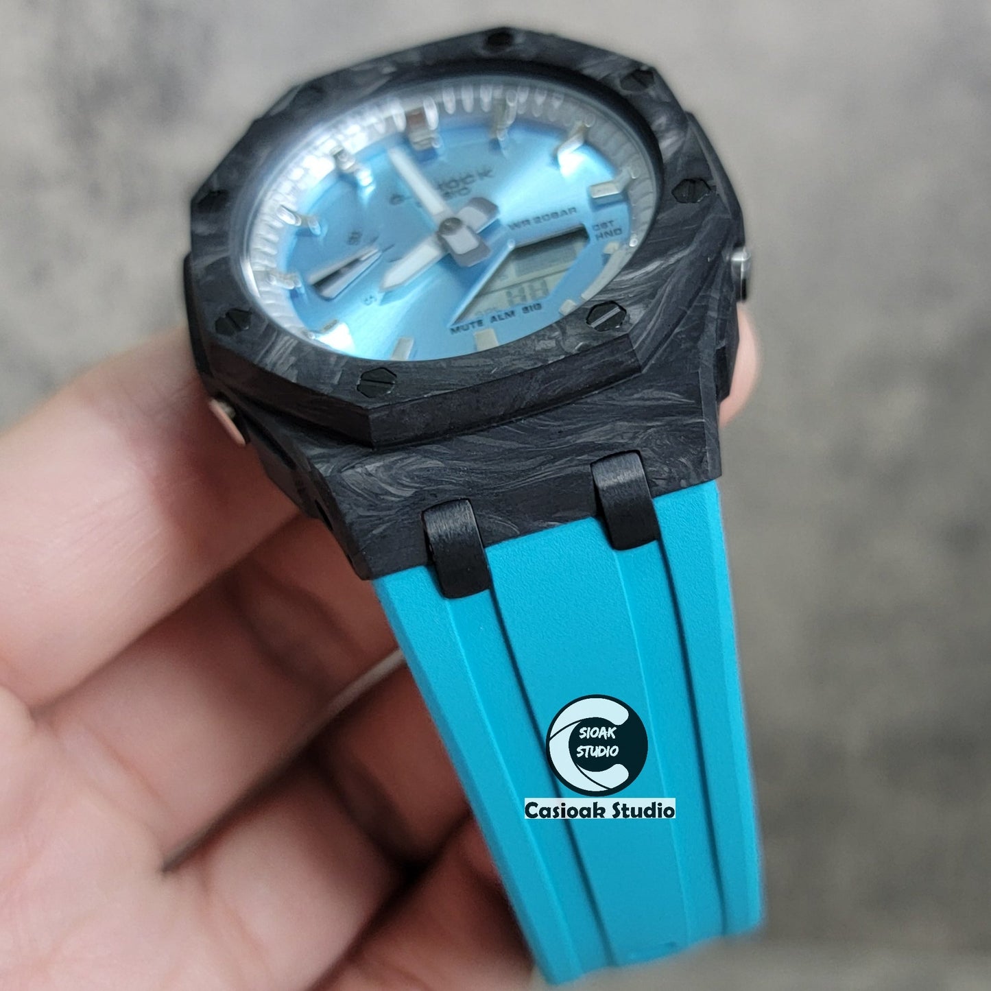 Casioak Mod Watch Carbon Fiber Offshore Superior Black Case Tiff Blue Strap Silver Time Mark Blue Dial 44mm