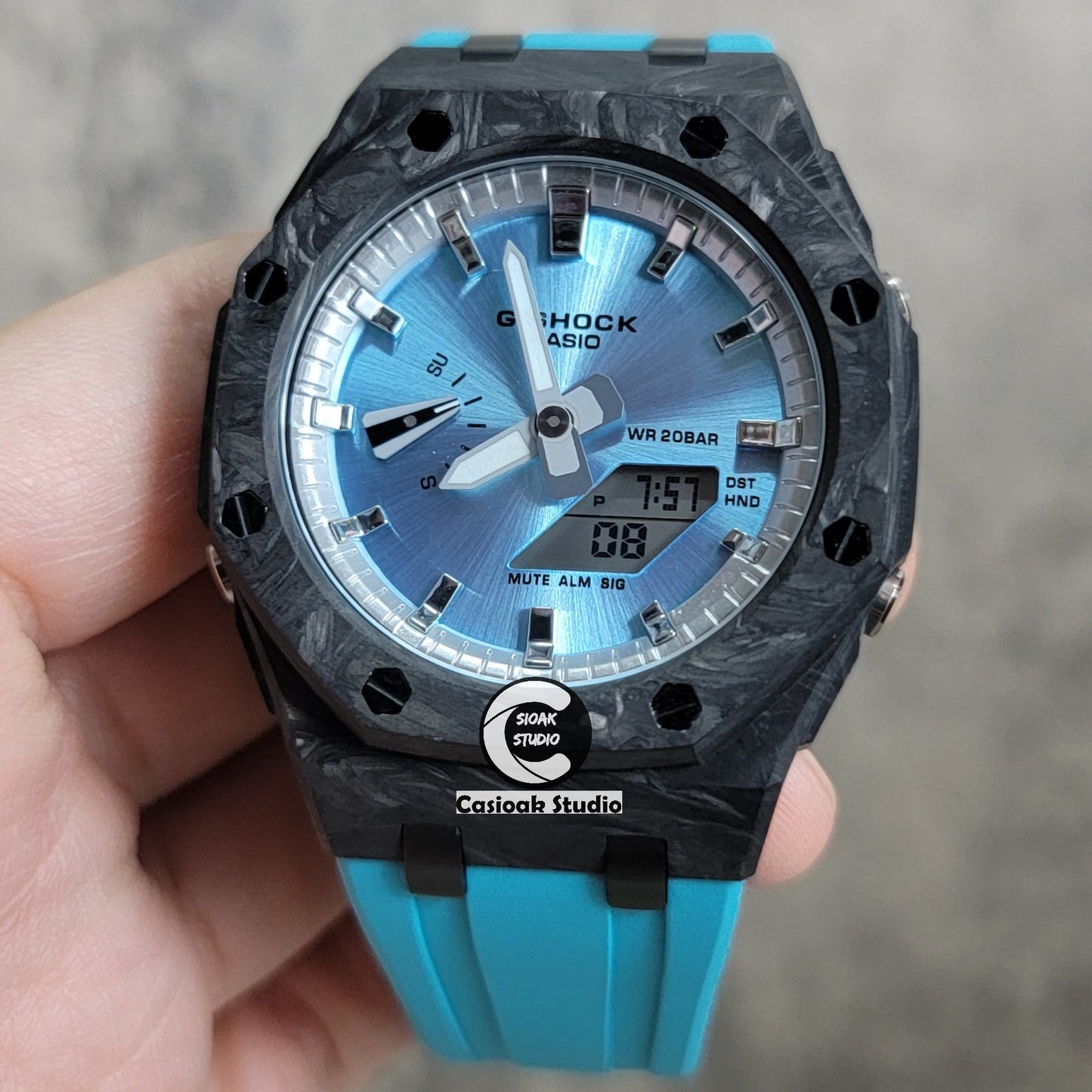 Casioak Mod Watch Carbon Fiber Offshore Superior Black Case Tiff Blue Strap Silver Time Mark Blue Dial 44mm