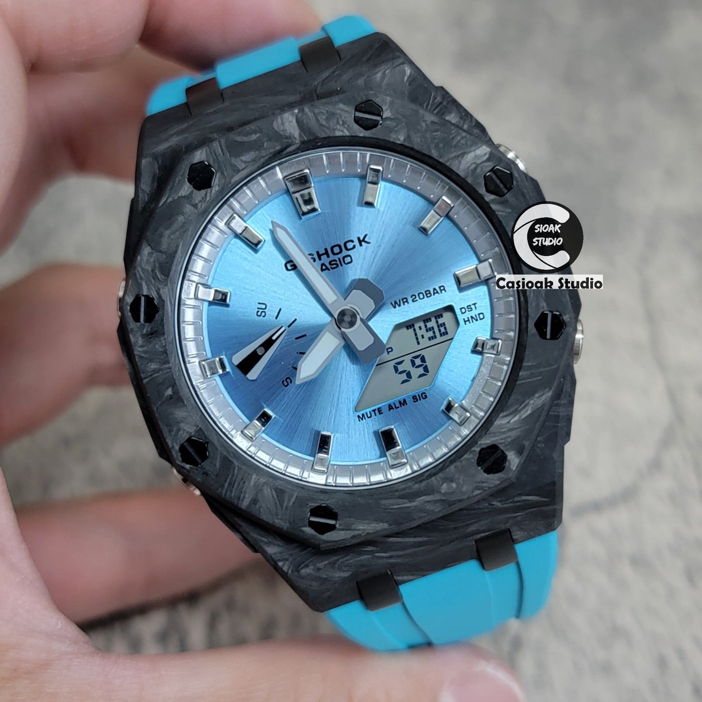 Casioak Mod Watch Carbon Fiber Offshore Superior Black Case Tiff Blue Strap Silver Time Mark Blue Dial 44mm