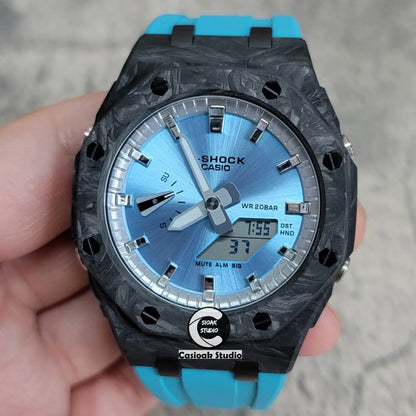 Casioak Mod Watch Carbon Fiber Offshore Superior Black Case Tiff Blue Strap Silver Time Mark Blue Dial 44mm