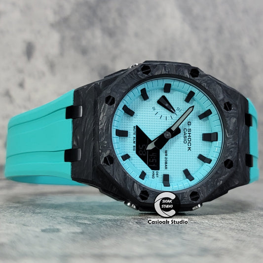 Casioak Mod Watch Carbon Fiber Offshore Superior Black Case Tiff Rubber Strap Tiff Blue Time Mark Tiff Blue Dial 44mm