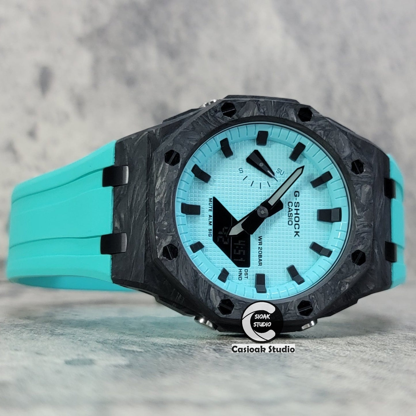 Casioak Mod Watch Carbon Fiber Offshore Superior Black Case Tiff Rubber Strap Tiff Blue Time Mark Tiff Blue Dial 44mm