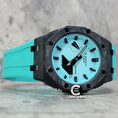 Casioak Mod Watch Carbon Fiber Offshore Superior Black Case Tiff Rubber Strap Tiff Blue Time Mark Tiff Blue Dial 44mm