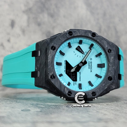 Casioak Mod Watch Carbon Fiber Offshore Superior Black Case Tiff Rubber Strap Tiff Blue Time Mark Tiff Blue Dial 44mm