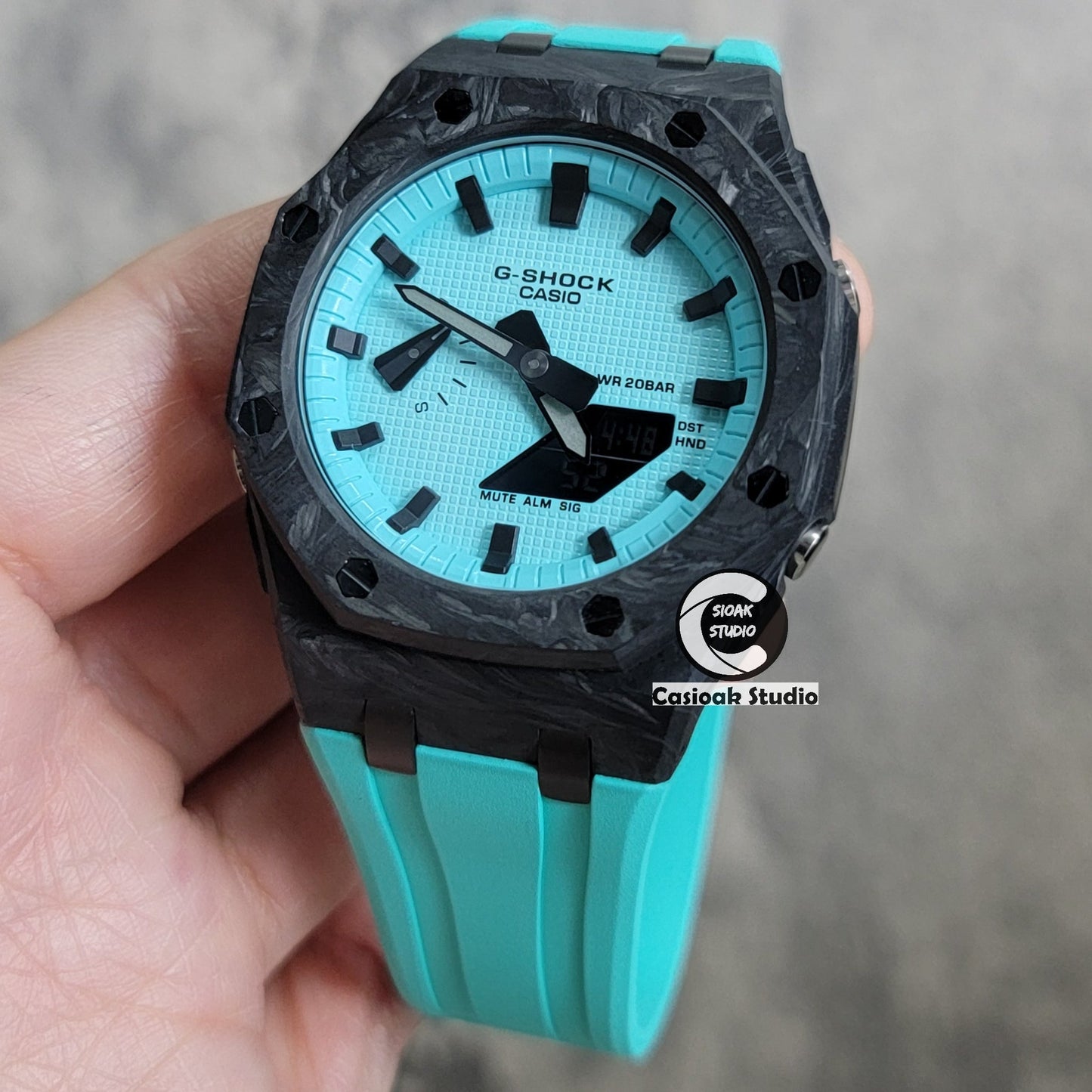 Casioak Mod Watch Carbon Fiber Offshore Superior Black Case Tiff Rubber Strap Tiff Blue Time Mark Tiff Blue Dial 44mm