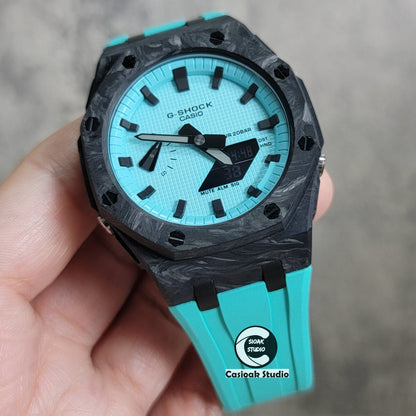 Casioak Mod Watch Carbon Fiber Offshore Superior Black Case Tiff Rubber Strap Tiff Blue Time Mark Tiff Blue Dial 44mm