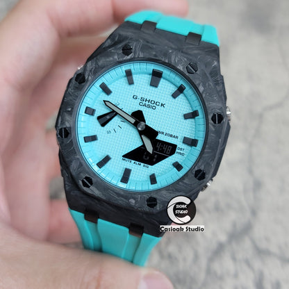 Casioak Mod Watch Carbon Fiber Offshore Superior Black Case Tiff Rubber Strap Tiff Blue Time Mark Tiff Blue Dial 44mm