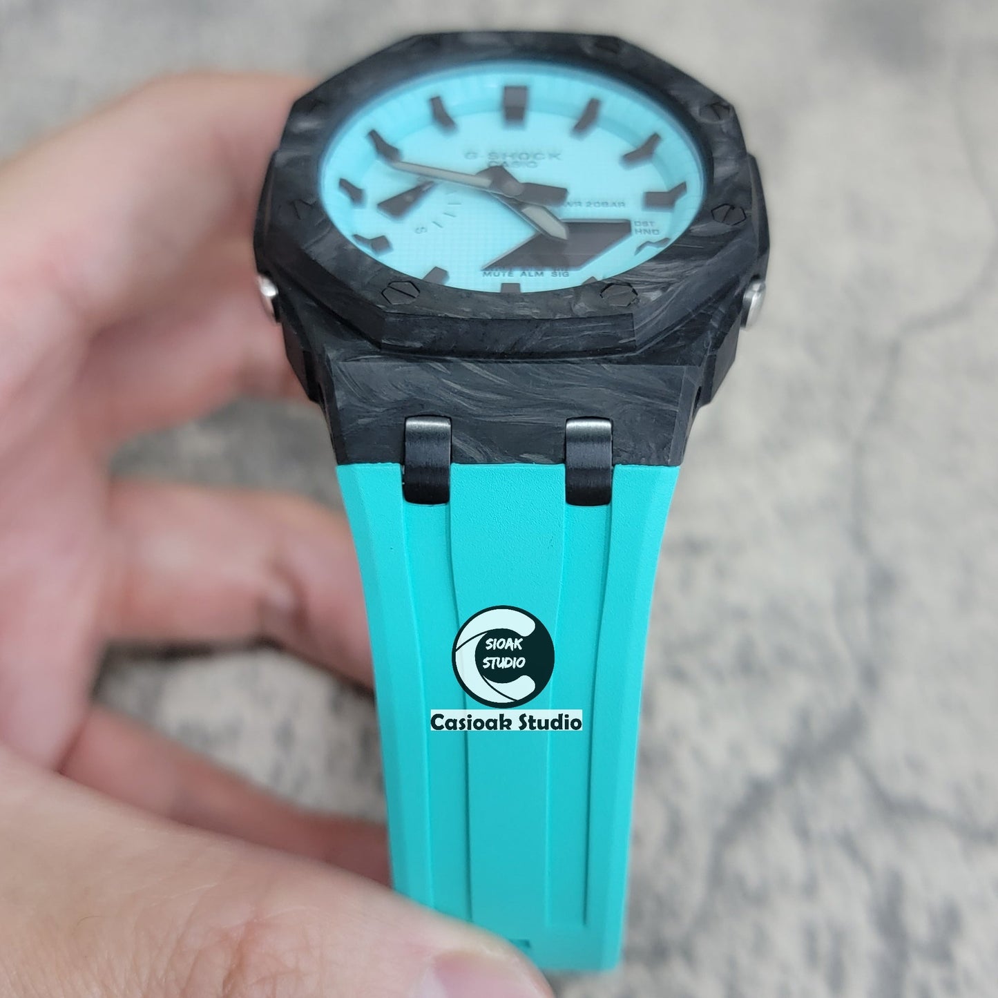 Casioak Mod Watch Carbon Fiber Offshore Superior Black Case Tiff Rubber Strap Tiff Blue Time Mark Tiff Blue Dial 44mm