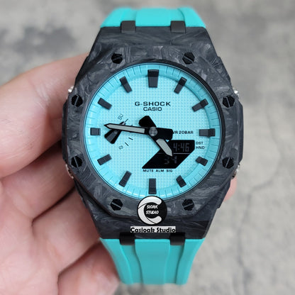 Casioak Mod Watch Carbon Fiber Offshore Superior Black Case Tiff Rubber Strap Tiff Blue Time Mark Tiff Blue Dial 44mm