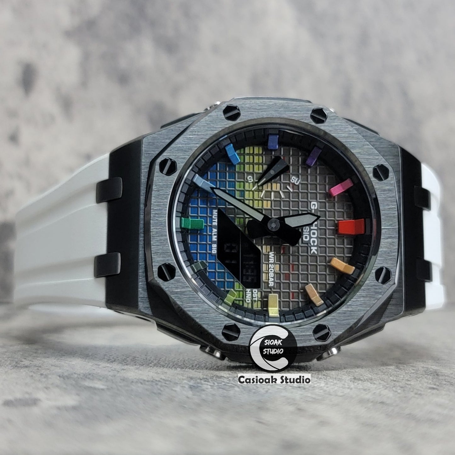 Casioak Mod Watch Offshore Superior Gray Case White Rubber Strap Black Rainbow Time Mark Music Dial 44mm