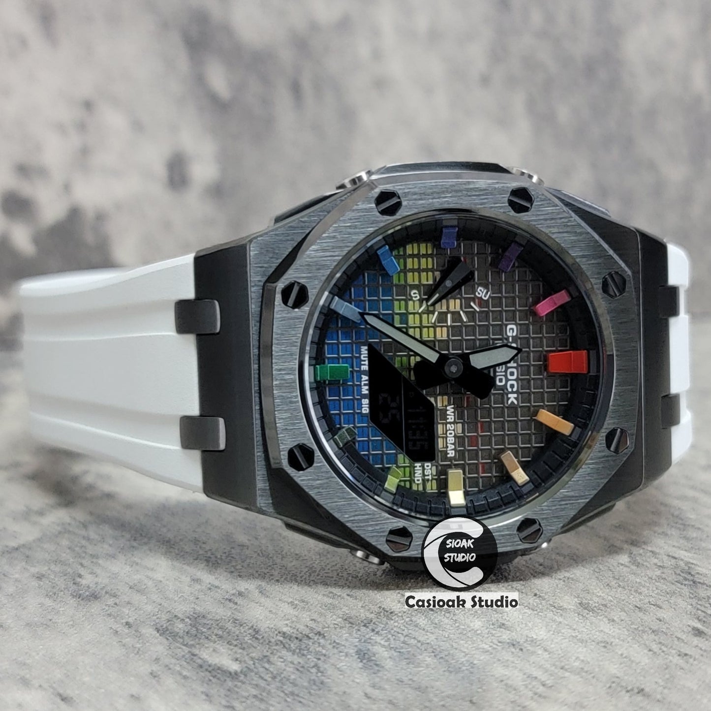 Casioak Mod Watch Offshore Superior Gray Case White Rubber Strap Black Rainbow Time Mark Music Dial 44mm