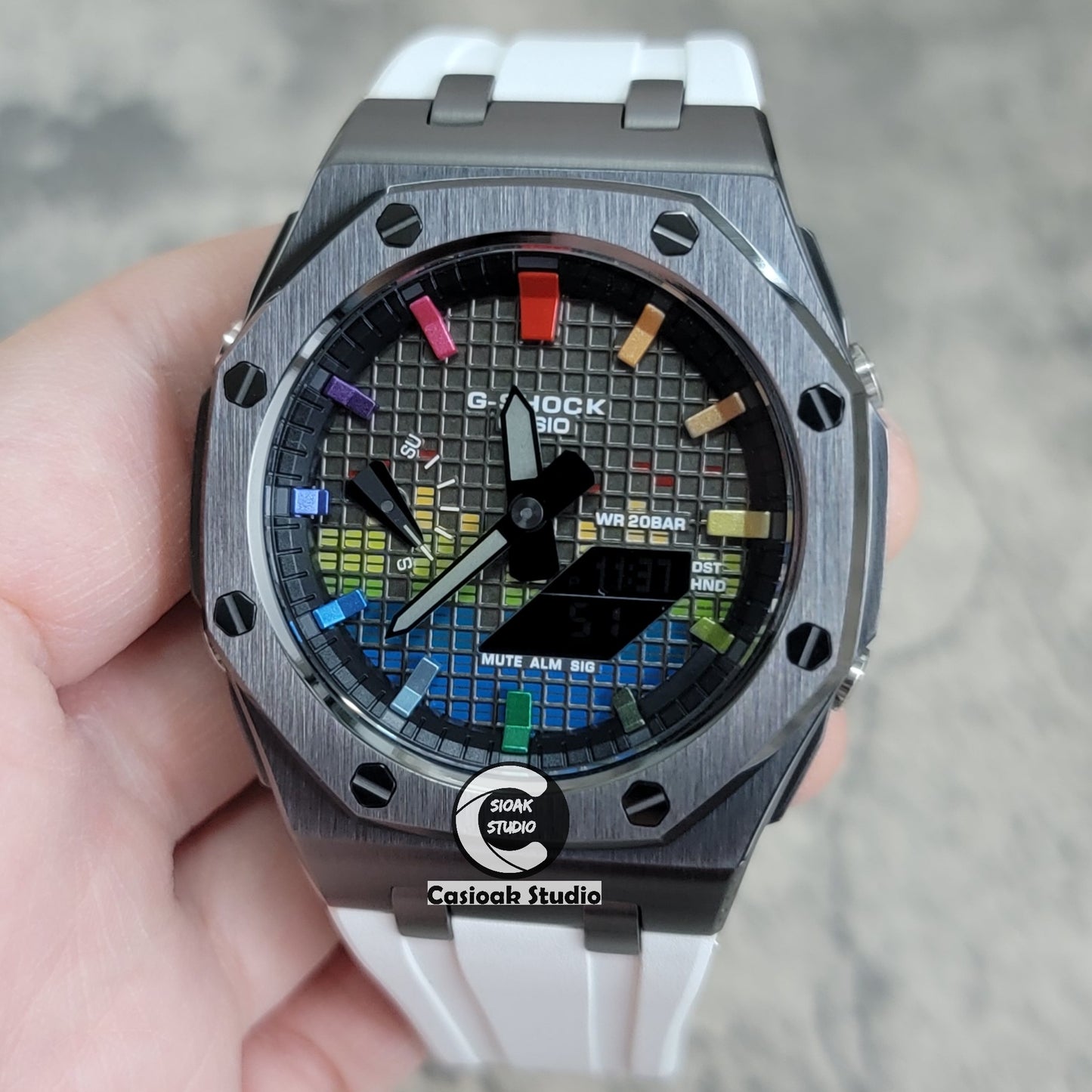 Casioak Mod Watch Offshore Superior Gray Case White Rubber Strap Black Rainbow Time Mark Music Dial 44mm