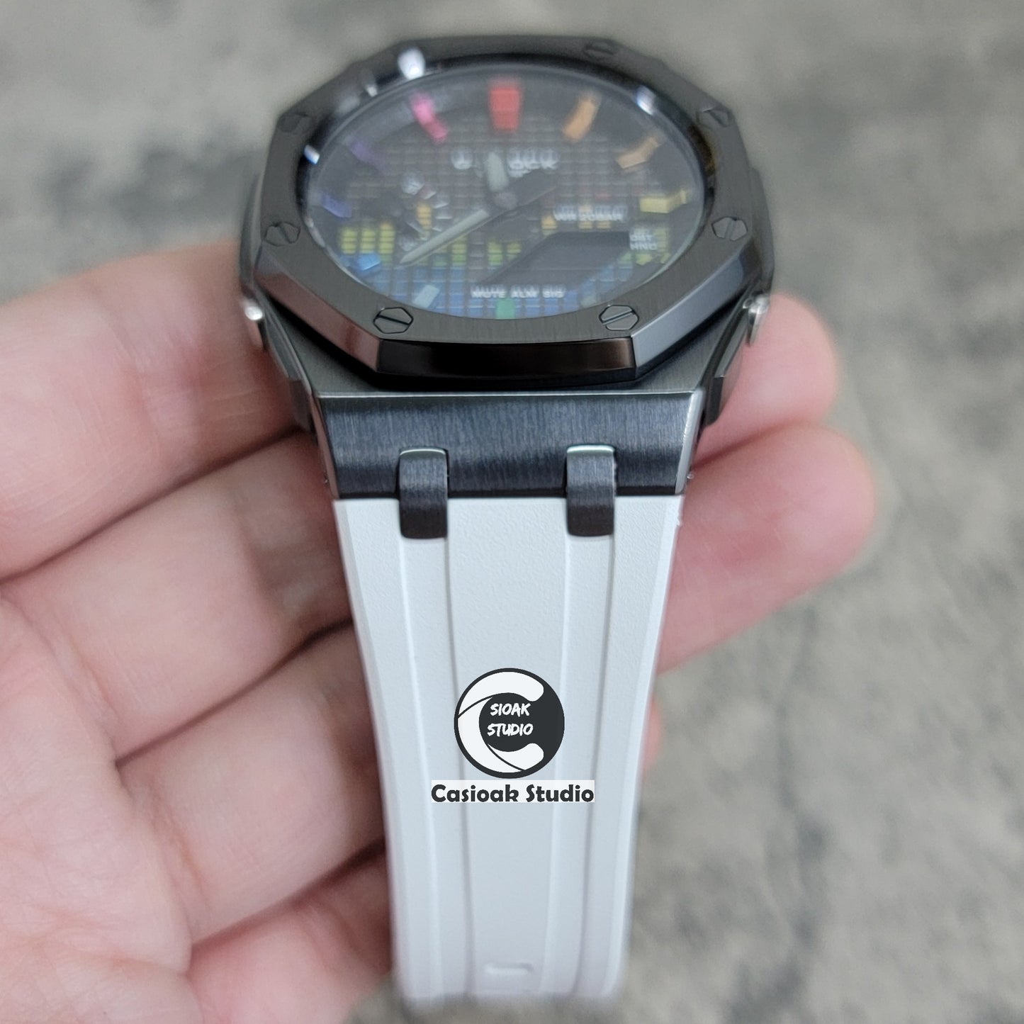 Casioak Mod Watch Offshore Superior Gray Case White Rubber Strap Black Rainbow Time Mark Music Dial 44mm