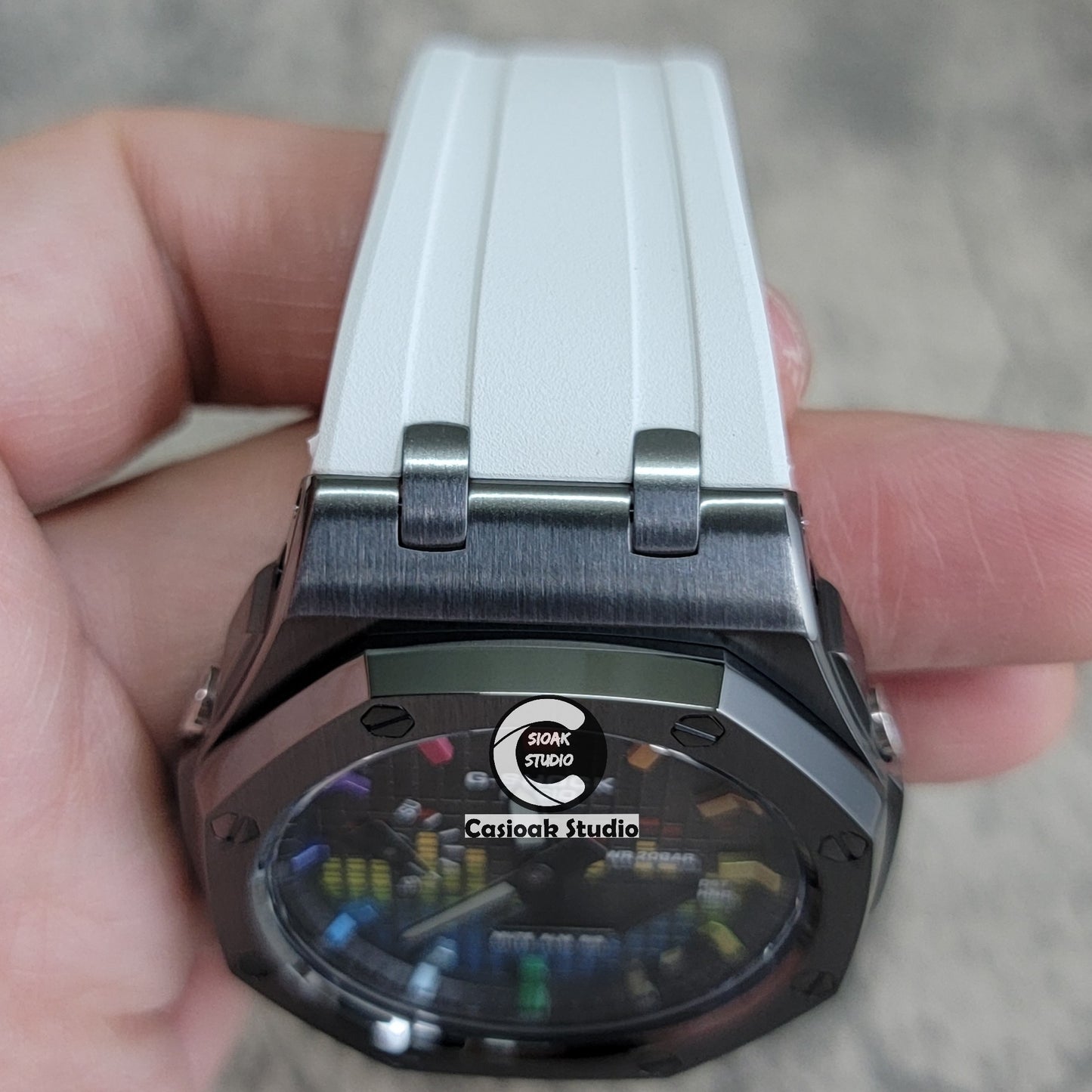 Casioak Mod Watch Offshore Superior Gray Case White Rubber Strap Black Rainbow Time Mark Music Dial 44mm