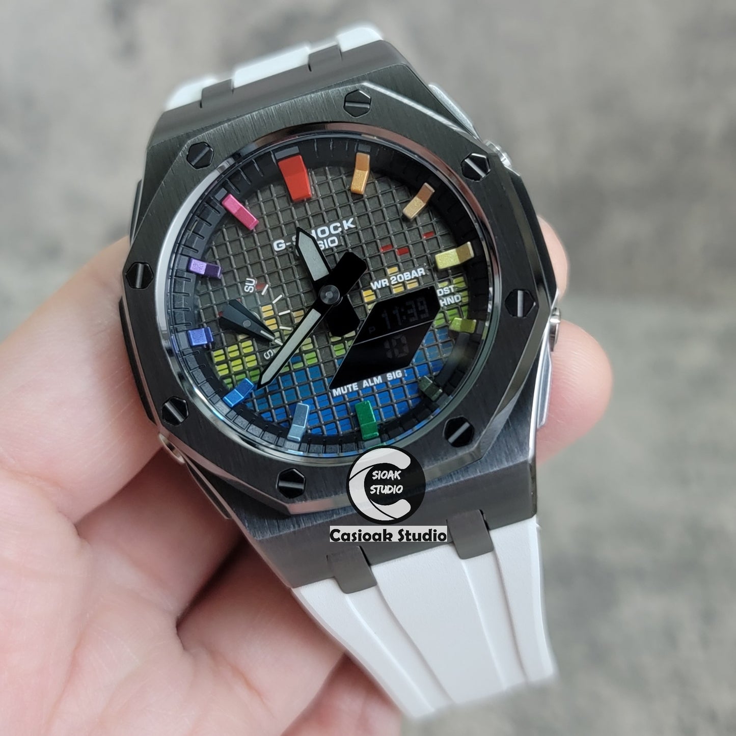 Casioak Mod Watch Offshore Superior Gray Case White Rubber Strap Black Rainbow Time Mark Music Dial 44mm