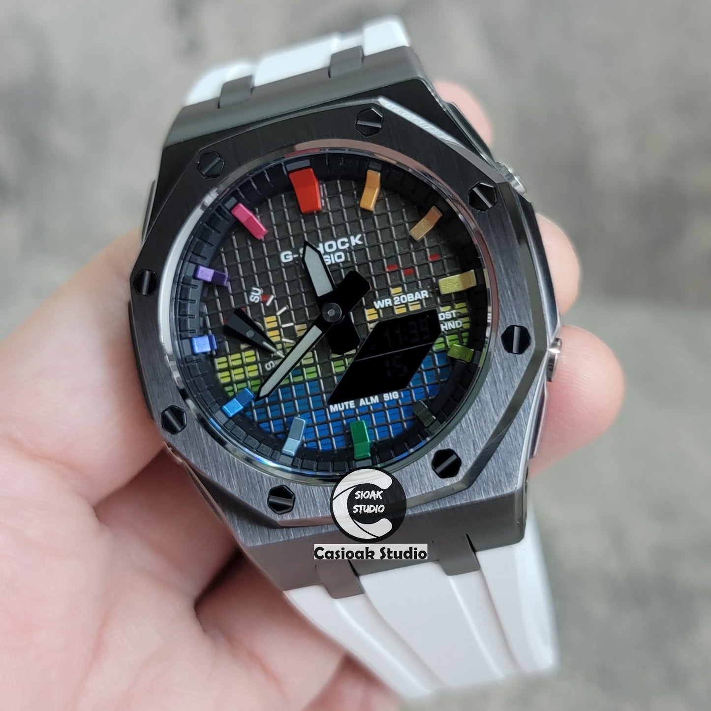 Casioak Mod Watch Offshore Superior Gray Case White Rubber Strap Black Rainbow Time Mark Music Dial 44mm