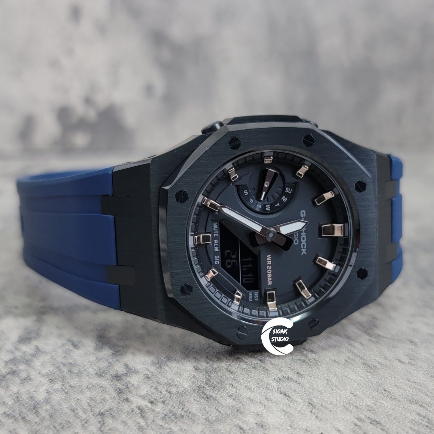 Casioak Mod Watch Black Case Blue Rubber Strap Black Rose Gold Time Mark Black Dial 42mm - Casioak Studio