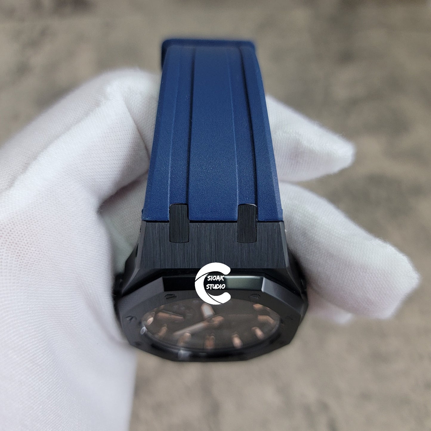 Casioak Mod Watch Black Case Blue Rubber Strap Black Rose Gold Time Mark Black Dial 42mm - Casioak Studio