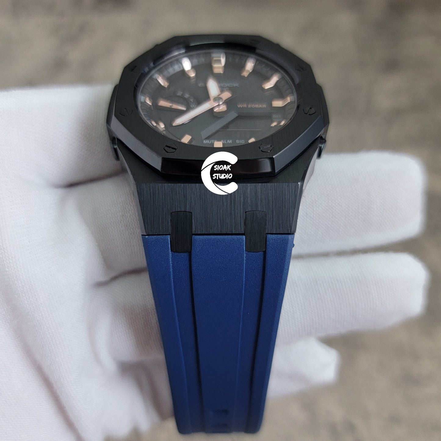 Casioak Mod Watch Black Case Blue Rubber Strap Black Rose Gold Time Mark Black Dial 42mm - Casioak Studio